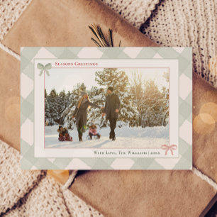 Green Gingham Plaid Frame Seasons Greetings Photo Holiday Card