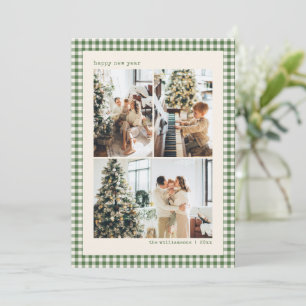Green Gingham Plaid Happy New Year Family Photo Holiday Card