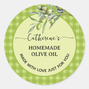 Green gingham plaid Homemade olive oil Classic Round Sticker