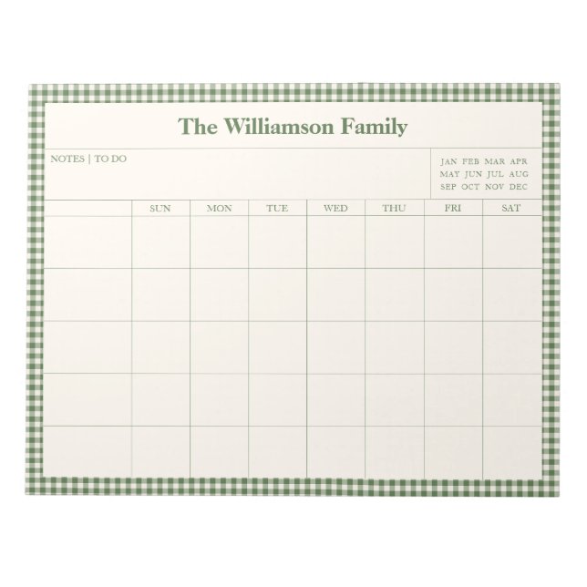 Green Gingham Plaid Month Family Planner Calendar  Notepad (Front)