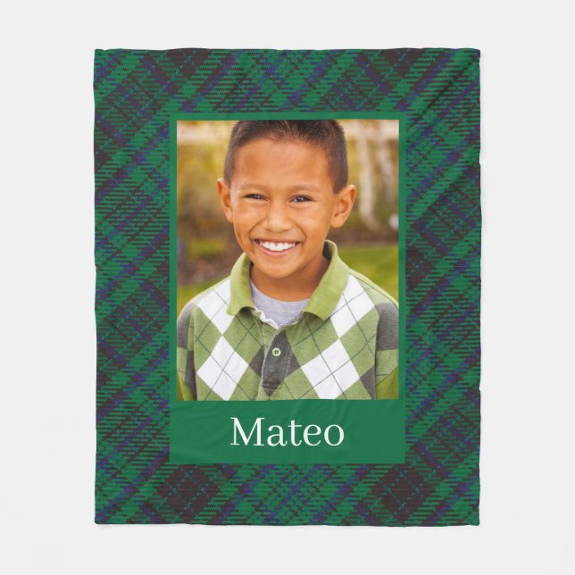 Green Gingham Plaid Pattern Custom Photo Boy Fleece Blanket (Front)