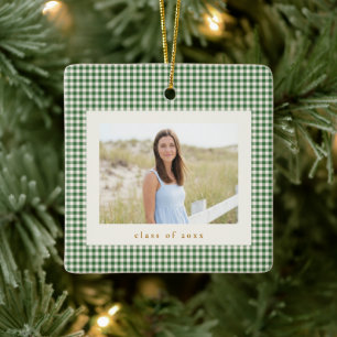 Green Gingham Plaid Photo Graduation Christmas Ceramic Ornament