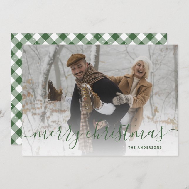 Green Gingham Plaid Photo Merry Christmas Holiday Card (Front/Back)