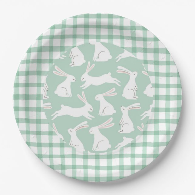 Green Gingham Plaid Rabbits Party Baby Shower Paper Plate (Front)