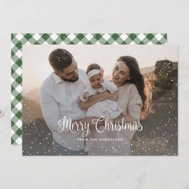 Green Gingham Plaid Snow Photo Christmas Card (Front/Back)
