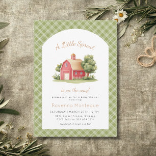 Green Gingham Red Barn Little Sprout Baby Shower Invitation