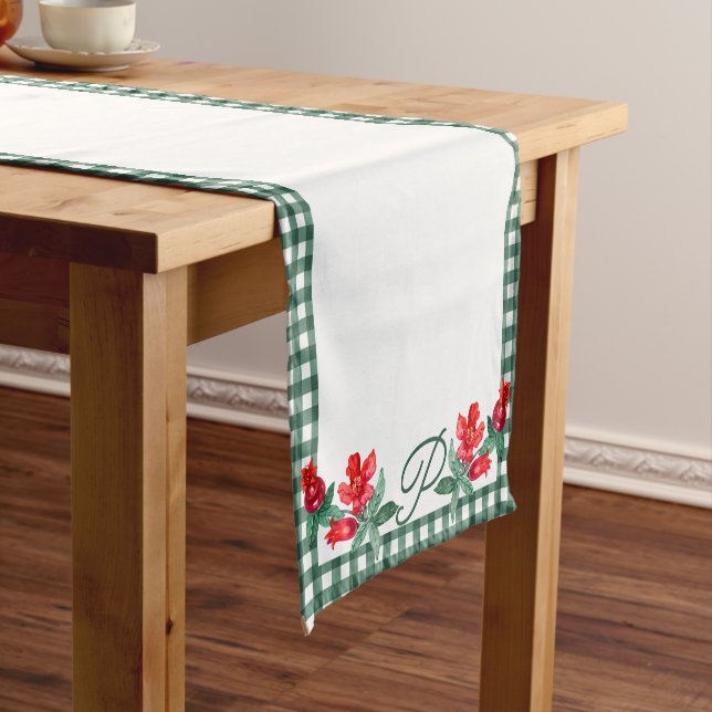 Green Gingham & Red Pomegranate Custom Monogram Short Table Runner (In Situ)