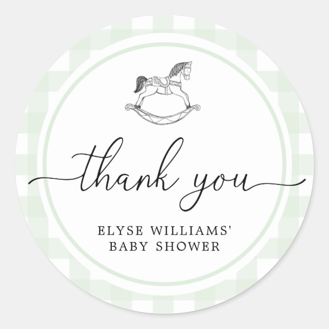Green Gingham Rocking Horse Shower Favour Sticker (Front)