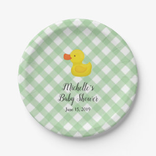 Green Gingham Rubber Duckie Baby Shower Paper Plate