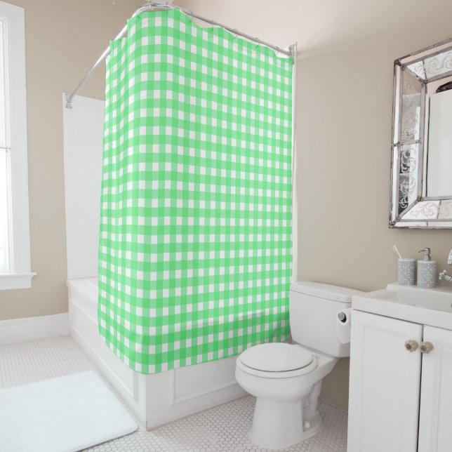 Green gingham shower curtain (In Situ)