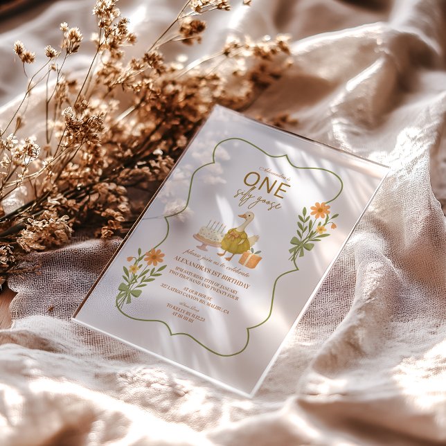  Green Gingham Silly Goose 1st Birthday Acrylic Invitations (Creator Uploaded)