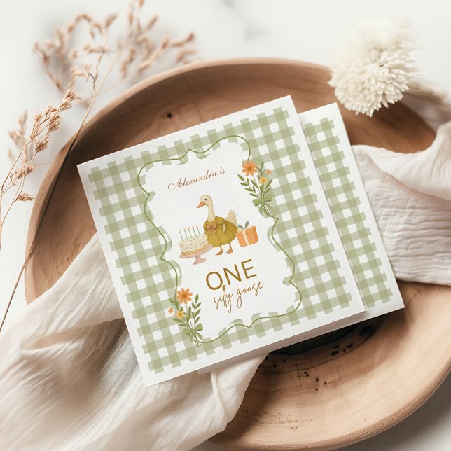  Green Gingham Silly Goose 1st Birthday Napkin (Creator Uploaded)