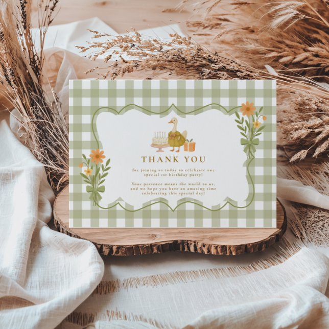  Green Gingham Silly Goose 1st Birthday Thank You Card (Creator Uploaded)