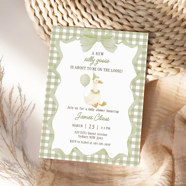 Green Gingham Silly Goose Baby Shower Invitation (Creator Uploaded)