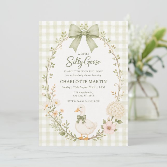 Green Gingham Silly Goose Baby Shower Invitation (Standing Front)