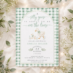 Green Gingham Silly Goose on the Loose Baby Shower Invitation