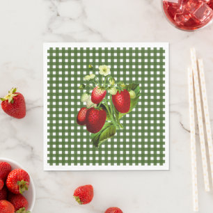 Green Gingham & Strawberries Luncheon Paper Napkin