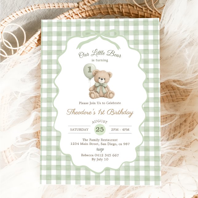 Green Gingham Teddy Bear Balloon 1st Birthday Invitation (Creator Uploaded)