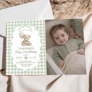 Green Gingham Teddy Bear Balloon Birthday Photo Invitation