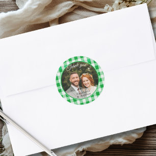 Green Gingham Thank you Photo Classic Round Sticker