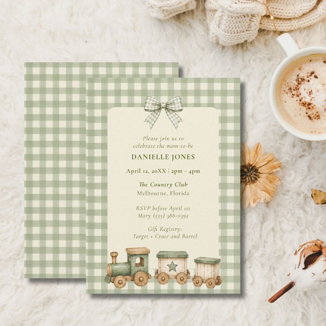 Green Gingham Train Baby Shower Invitation (Green Gingham Train Baby Shower Invitation)