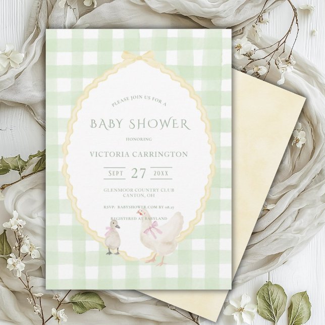 Green Gingham Vintage Ducks Baby Shower  Invitation (Creator Uploaded)