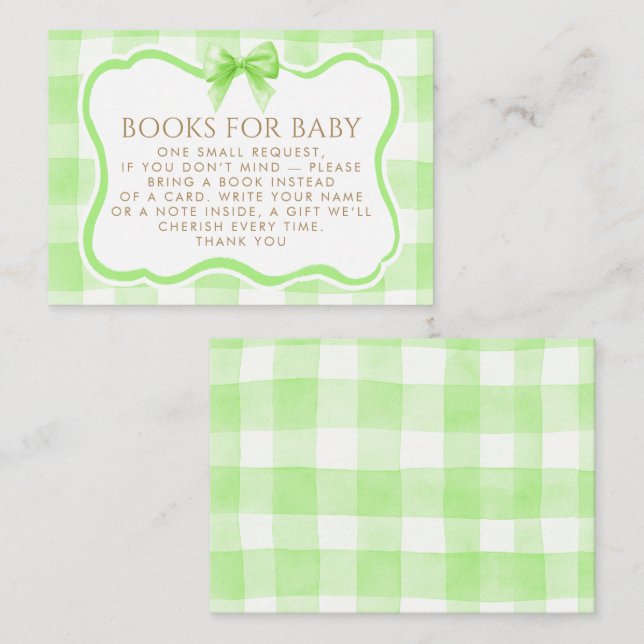 Green Gingham Wavy Frame Bow Books For Baby Enclosure Card (Front/Back)