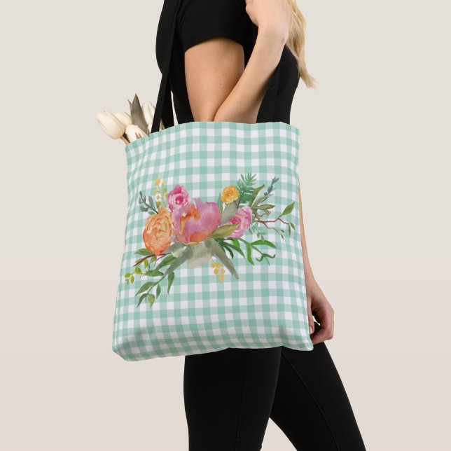 Green Gingham with Peony Flowers Tote Bag (Close Up)