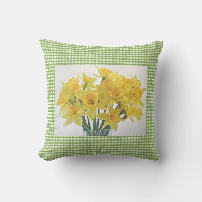Green Gingham with Yellow Daffodils Square Cushion (Front)