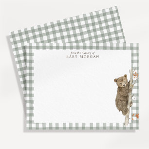 Green Gingham Woodland Bear Nursery Note Card
