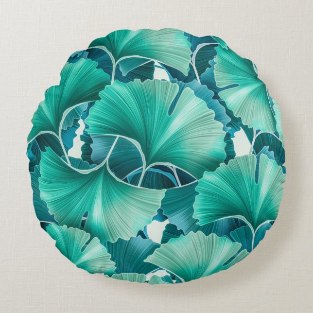 Green ginkgo biloba illustration pattern round cushion (Front)