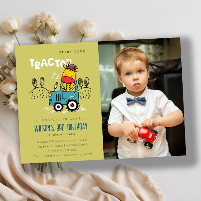 Green Giraffe In Farm Tractor Boys Photo Birthday Invitation (Creator Uploaded)