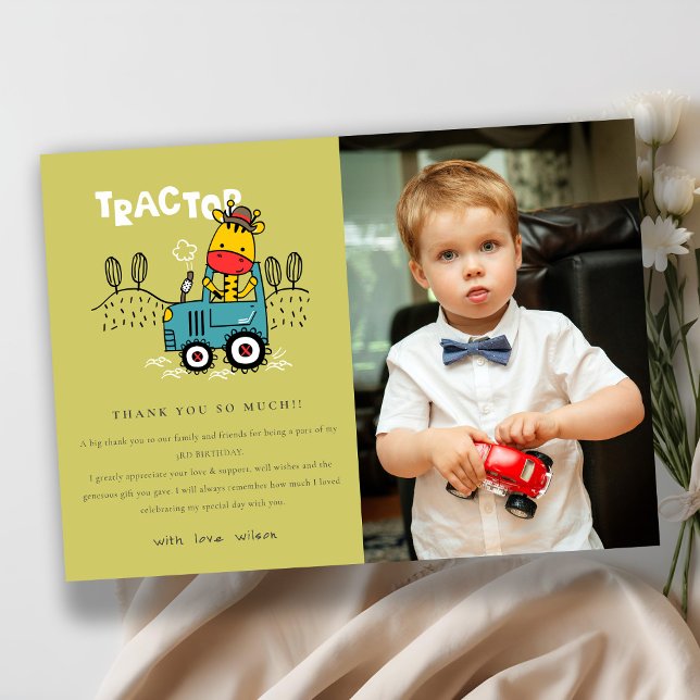 Green Giraffe In Farm Tractor Boys Photo Birthday Thank You Card (Creator Uploaded)