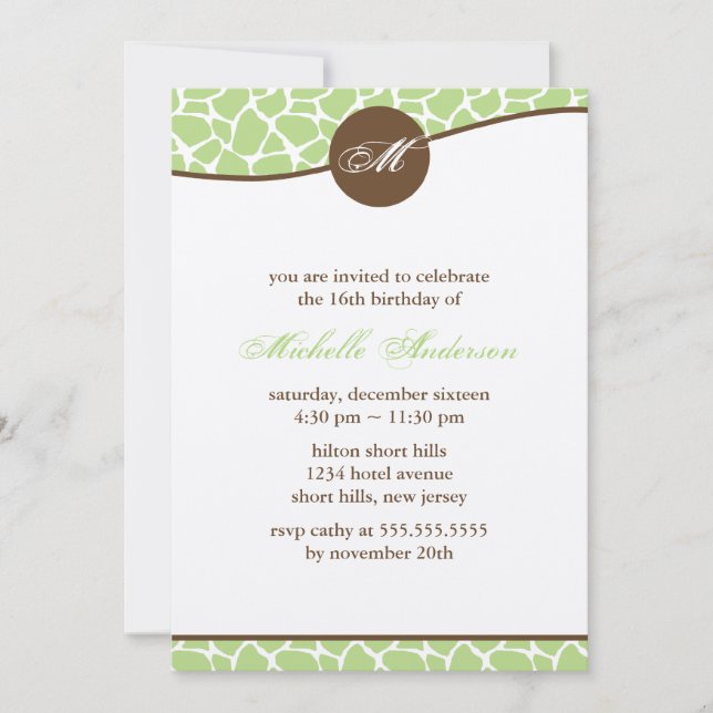 Green Giraffe Pattern Birthday Invitation (Front)