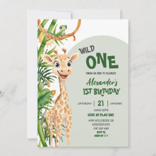 Green Giraffe Wild One Safari First Birthday Invitation