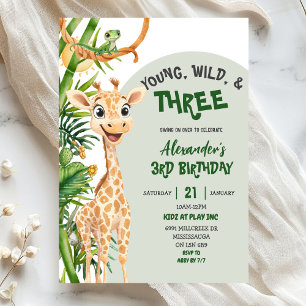 Green Giraffe Young Wild Three Third Birthday Invitation
