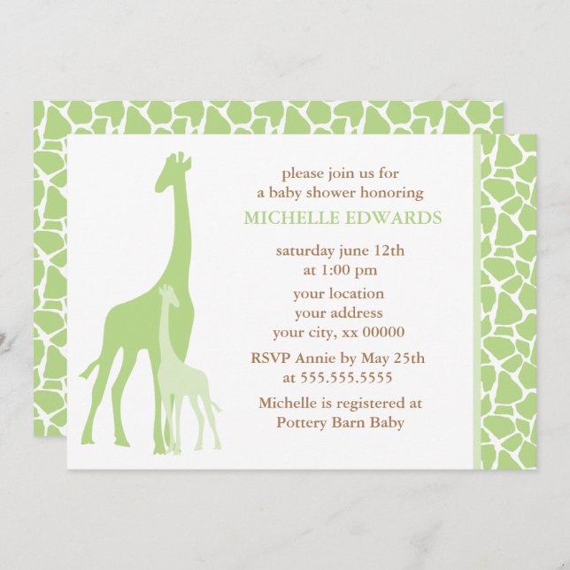 Green Giraffes Neutral Baby Shower Invitation (Front/Back)