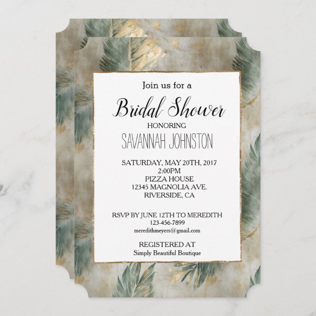 Green Glam Chic Gold Tropical Leaves Bridal Shower Invitation (Front/Back)
