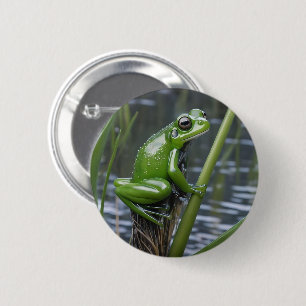 Green Glass Frog On Reeds At The River, 6 Cm Round Badge