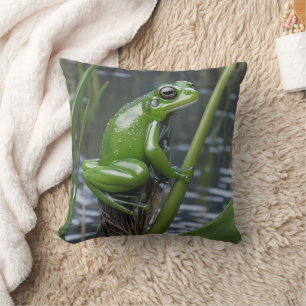 Green Glass Frog On Reeds At The River, Cushion
