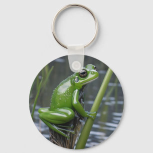 Green Glass Frog On Reeds At The River, Key Ring