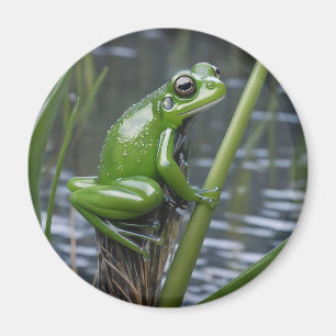 Green Glass Frog On Reeds At The River, Magnet