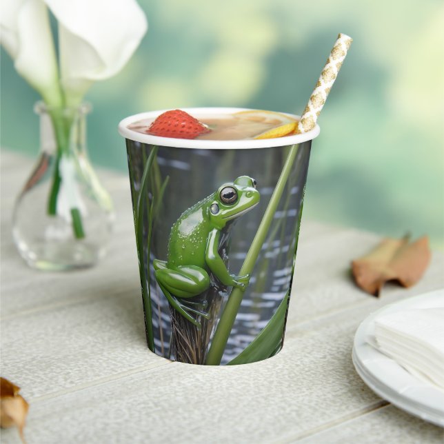 Green Glass Frog On Reeds At The River, Paper Cups (Insitu)