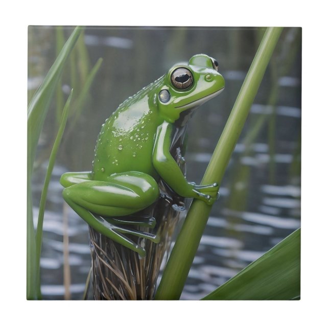 Green Glass Frog On Reeds At The River, Tile (Front)