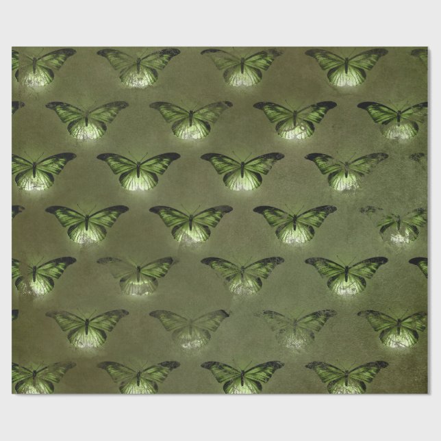 Green Glimmer Vintage Butterfly Wrapping Paper (Flat)