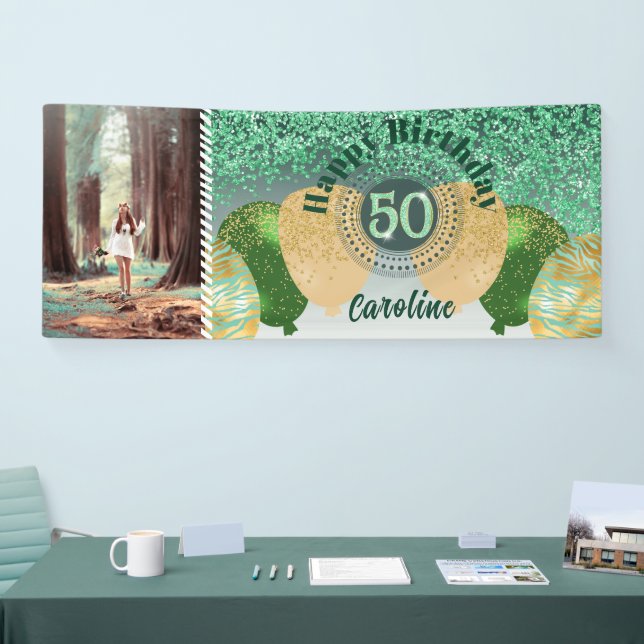 Green Glitter 50th Birthday & Balloons  Banner (Tradeshow)