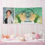 Green Glitter 90th Birthday & Balloons  Banner<br><div class="desc">Festive Banner with Green Glitter,  Party Balloons and Photo for her.</div>
