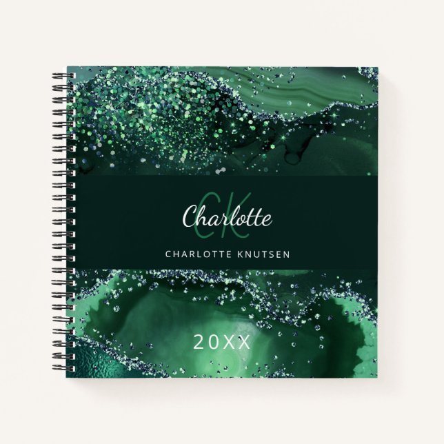 Green glitter agate marble monogram notebook (Front)