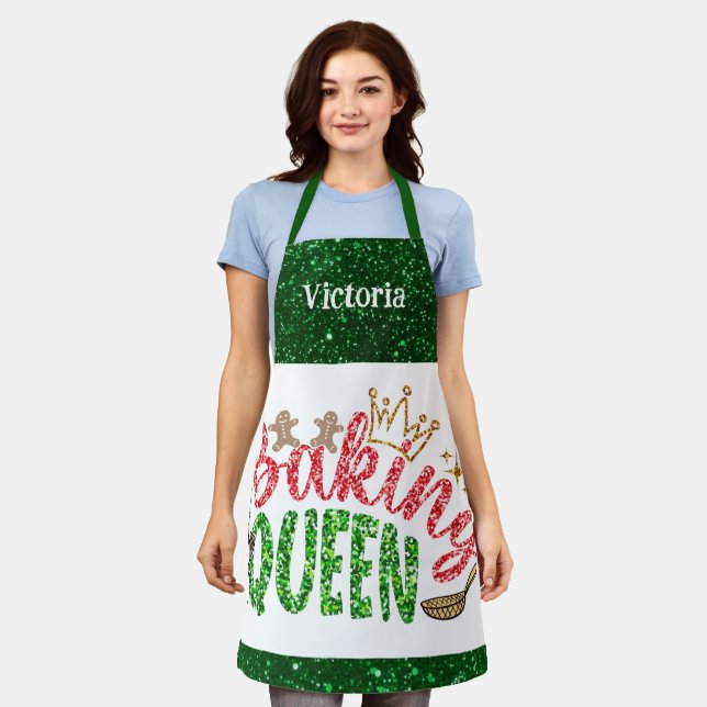 Green Glitter Baking Queen Personalised Apron (Worn)