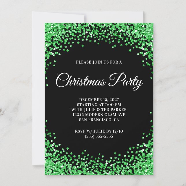 Green Glitter Border Black Christmas Party Invitation (Front)